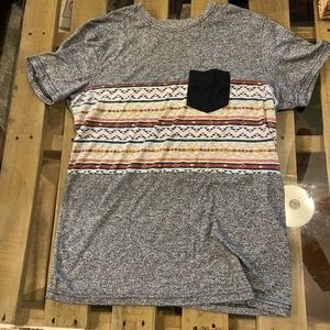 Grey men’s dress shirt with pocket and stripes